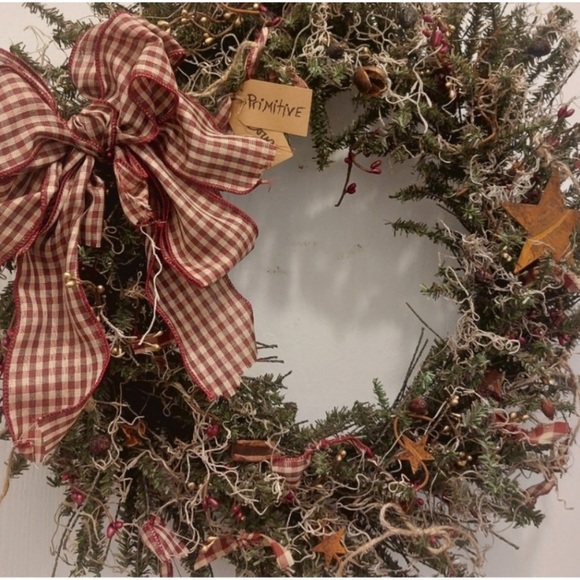 Rustic Primitive TX Holiday Wreath Rustic Stars Plaid Bow CUSTOM Finally Sale - Picture 1 of 4
